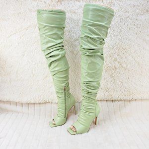 Mint Green Square toe Thigh Boots Scrunch Slouch b